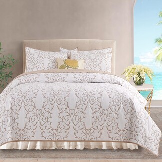Quilt Set: Embroidered Scroll Pattern Beige White Coverlet