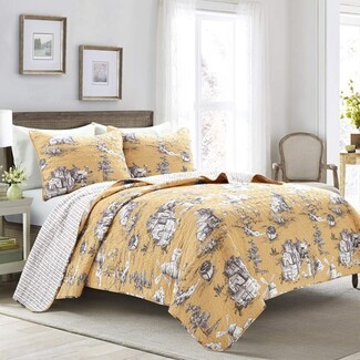 Quilt Set: Yellow Toile Print Reversible Farmhouse Bedding