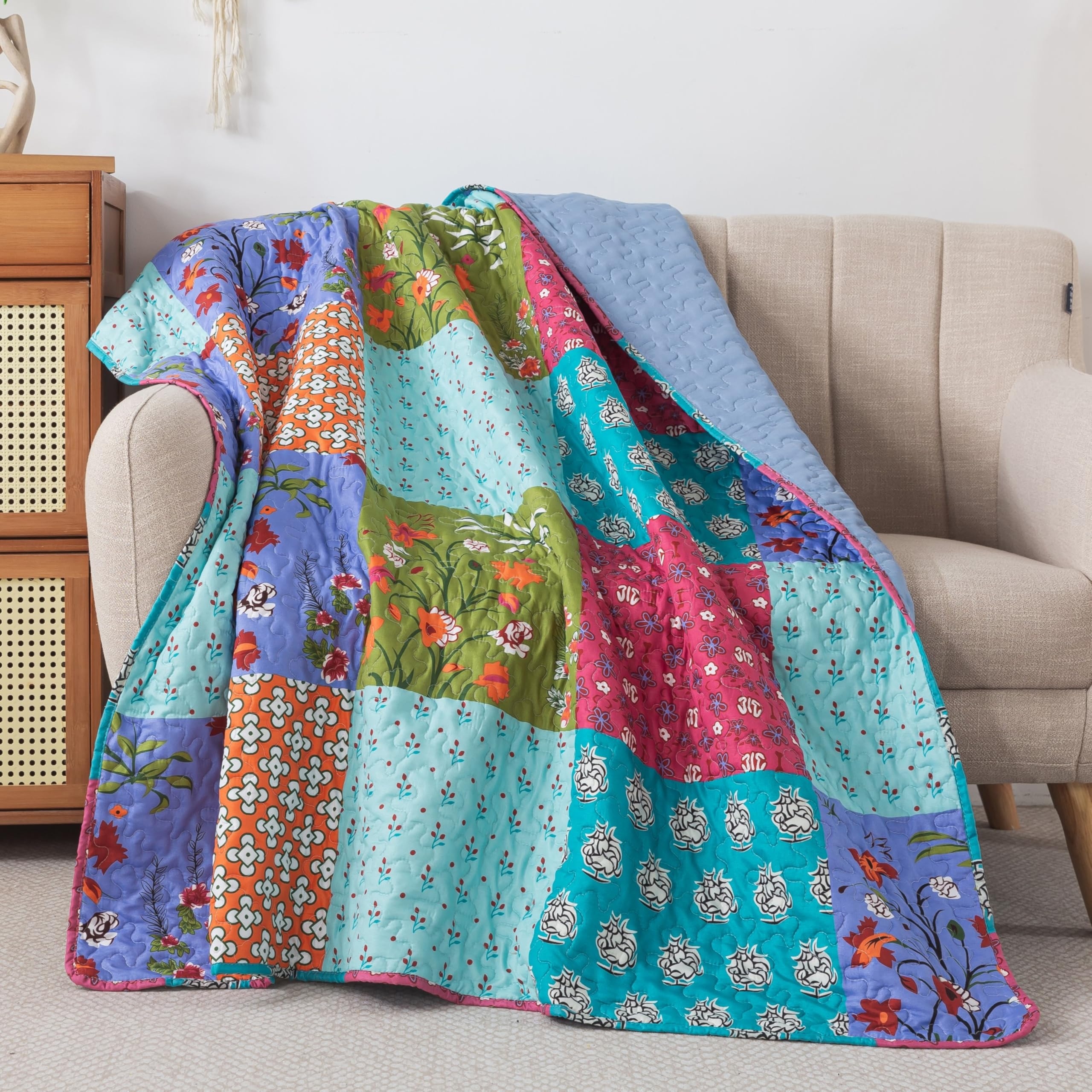 Quilted Throw with Floral Motifs and Lightweight Drape