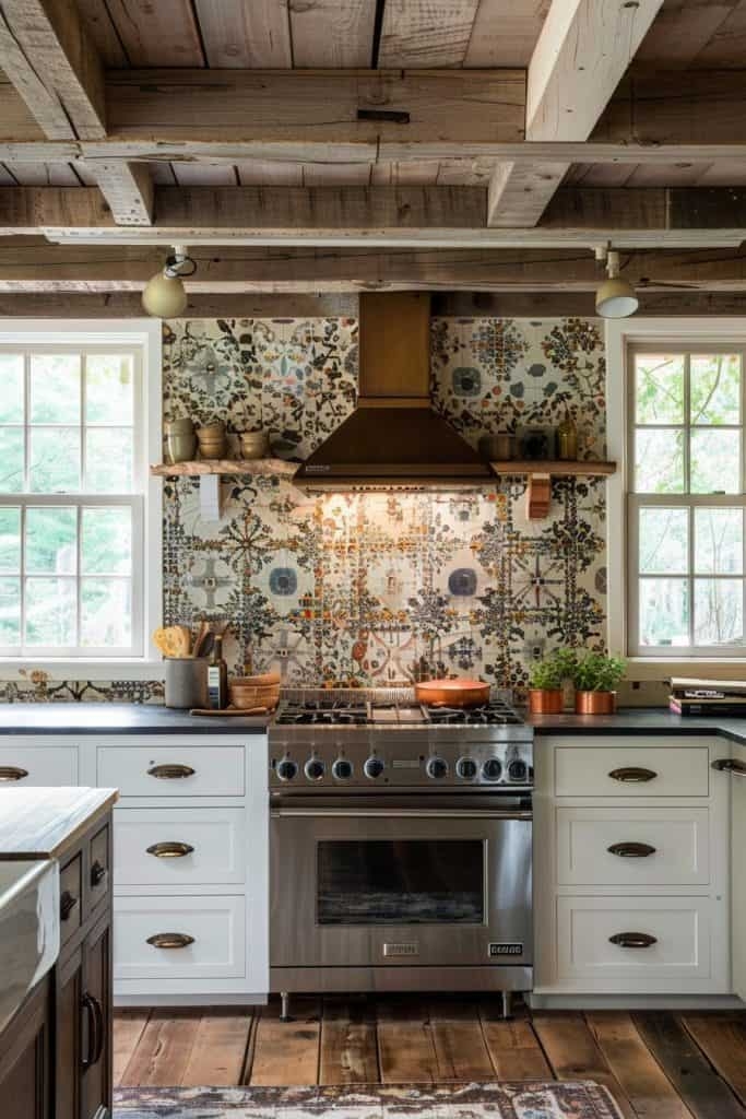 Range Hood Patchwork Tile and Eclectic Cottage Kitchen Style