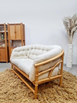 Rattan Sofa with Tufted Upholstery 70s Style Rattan