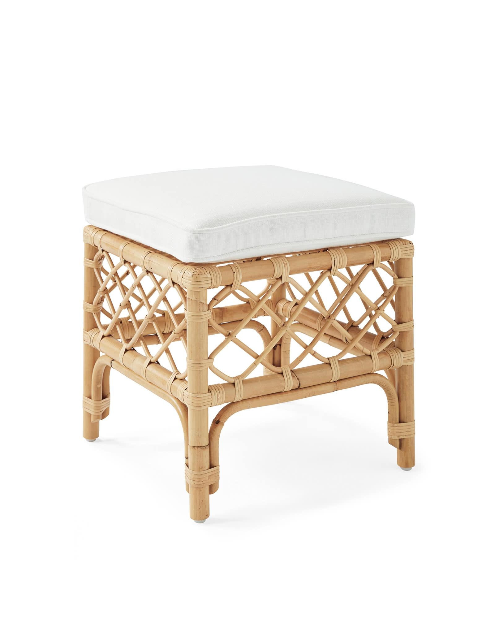 Rattan Stool Lattice Base Coastal Square White Cushion