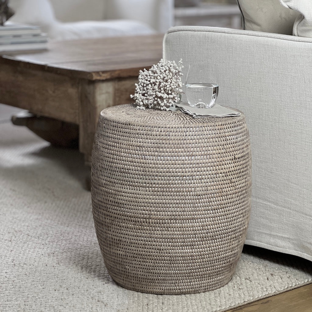 Rattan Stool Whitewashed Finish Barrel Shape Side Table