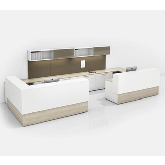 Reception Desk: Bi-Color Workspace with Integrated Wall Storage