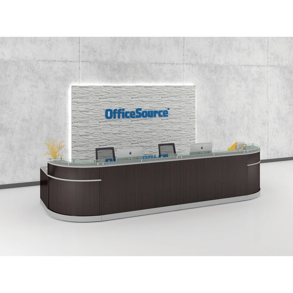 Reception Desk: Espresso Curved Front Unit with Metallic Trim