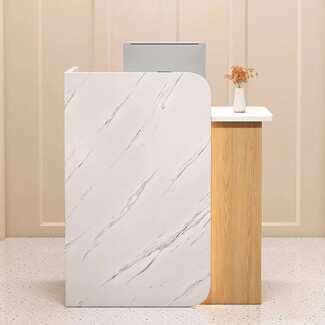 Reception Desk Featuring Curved Marble Pattern Privacy Wall