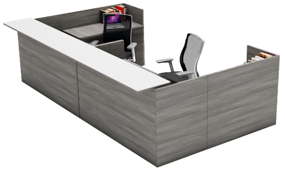 Reception Desk: Grey Wood Grain L-Shaped White Lobby Unit