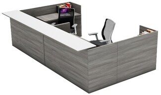 Reception Desk: Grey Wood Grain L-Shaped White Lobby Unit