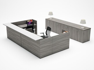 Reception Desk: L-Shaped Valley Grey Workstation with Storage