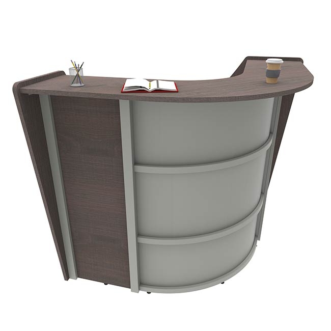Reception Desk Showcasing Curved Front and Silver Trim