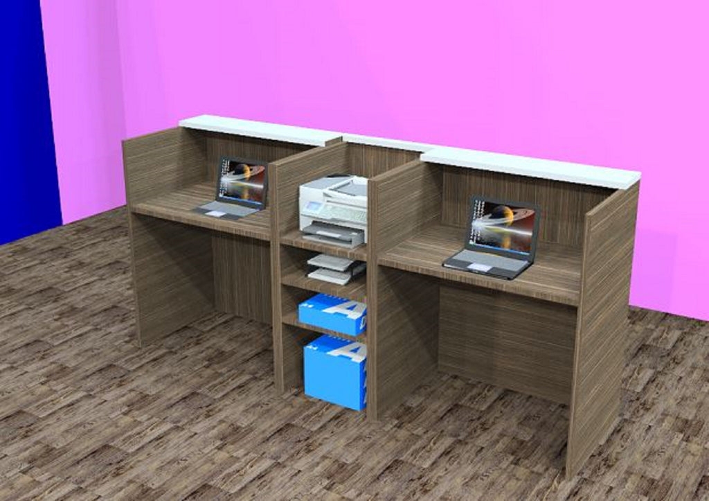 Reception Desk: Walnut and White Dual Unit with Central Shelves