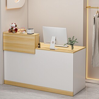 Reception Desk with Matte White Panels and Wood Base