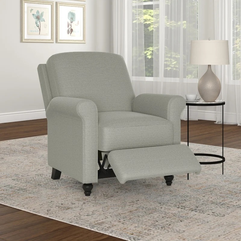 Recliner Chair: Rolled Arm Turned Leg Fabric Chair