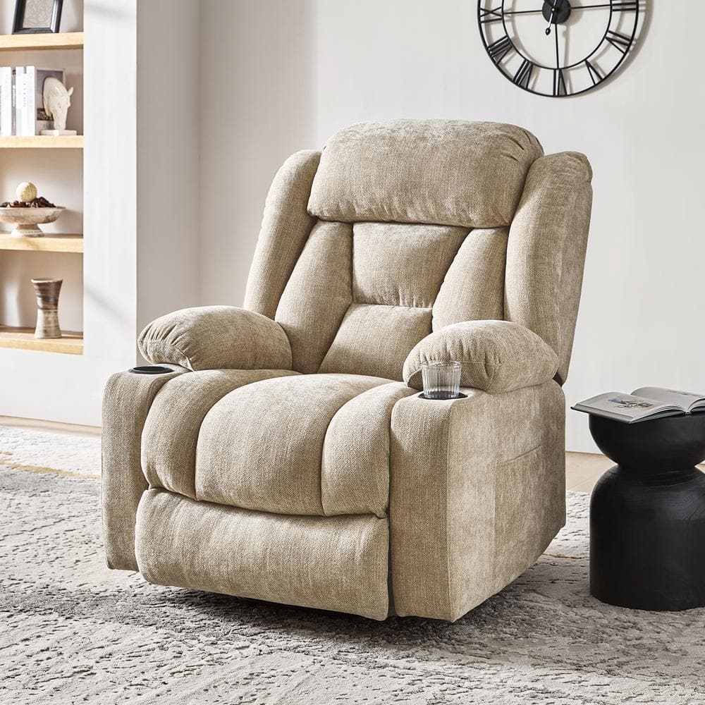Recliner Chair: Warm Beige Upholstery with Cup Holders