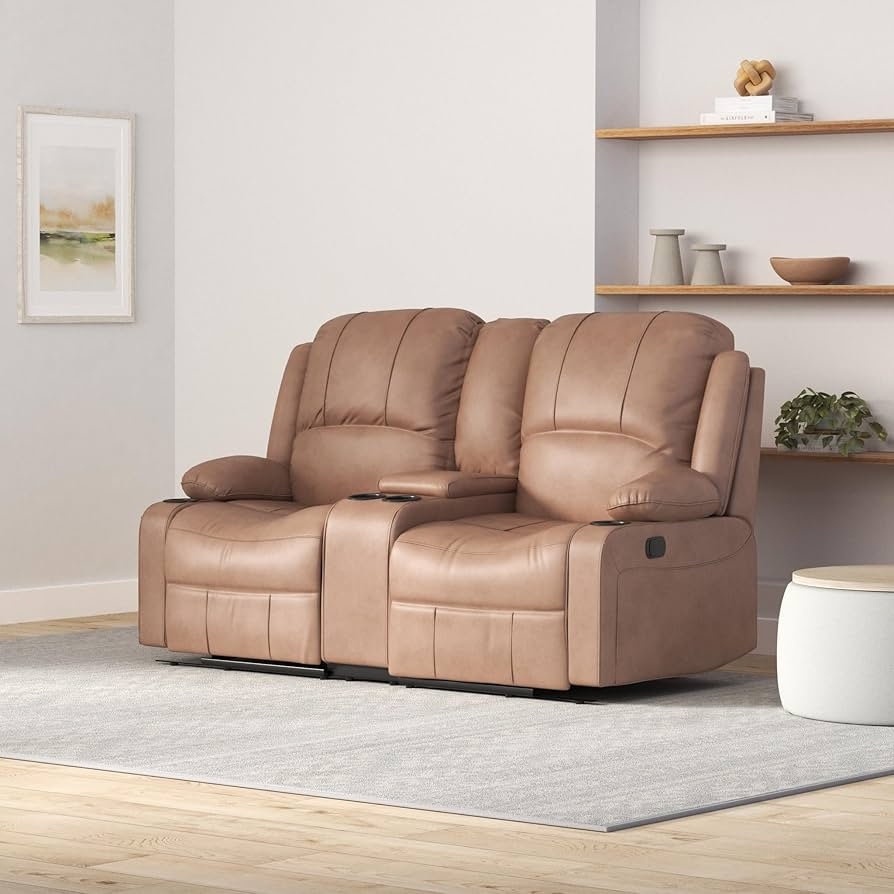 Recliner Loveseat Tan Vertical Stitched Center Console