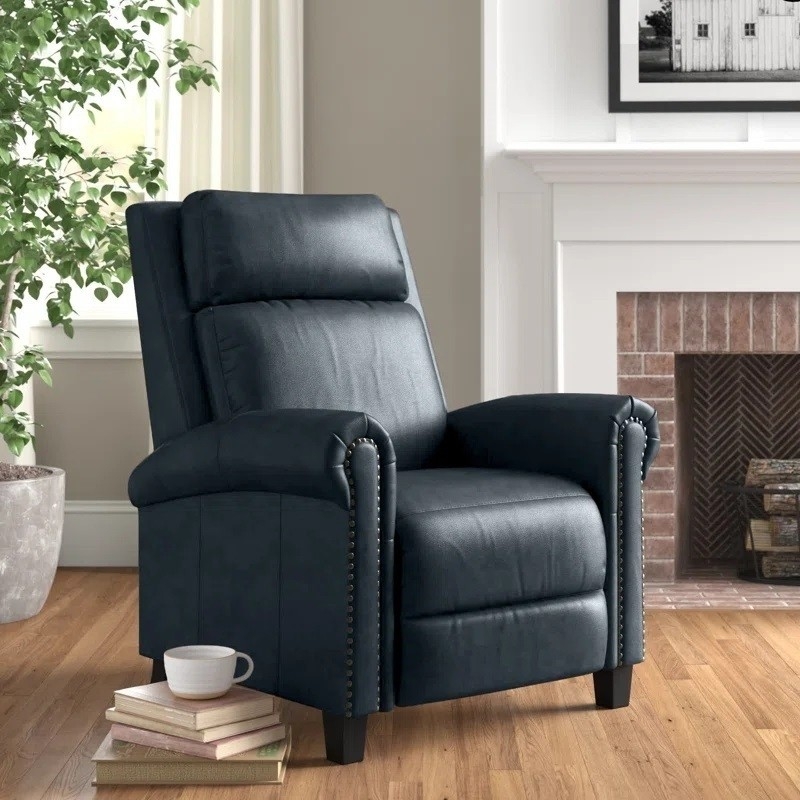 Recliner: Navy Blue Studded Leather-Like Interior Seating