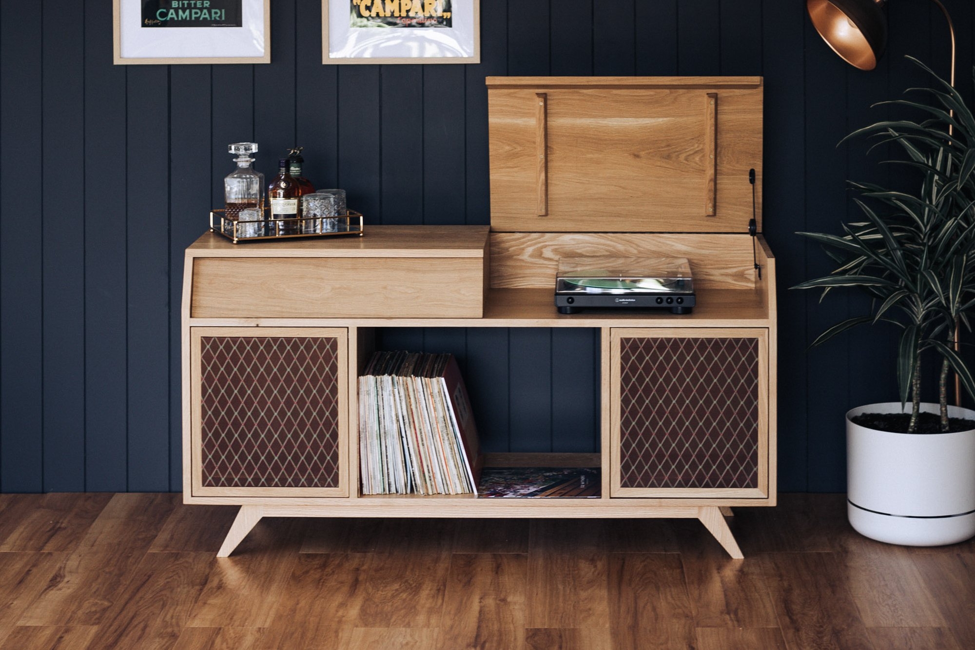 Record Cabinet Diamond Mesh Panels Lift Top Turntable