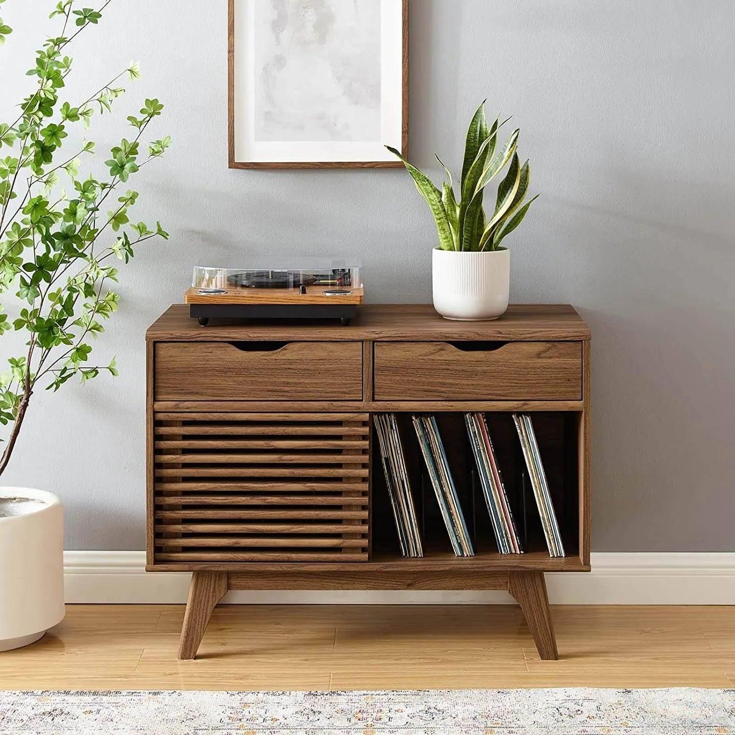 Record Cabinet: Slatted Door Walnut Vinyl Storage Unit