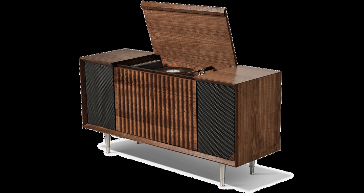 Record Cabinet Slatted Front Tapered Metal Legs Console