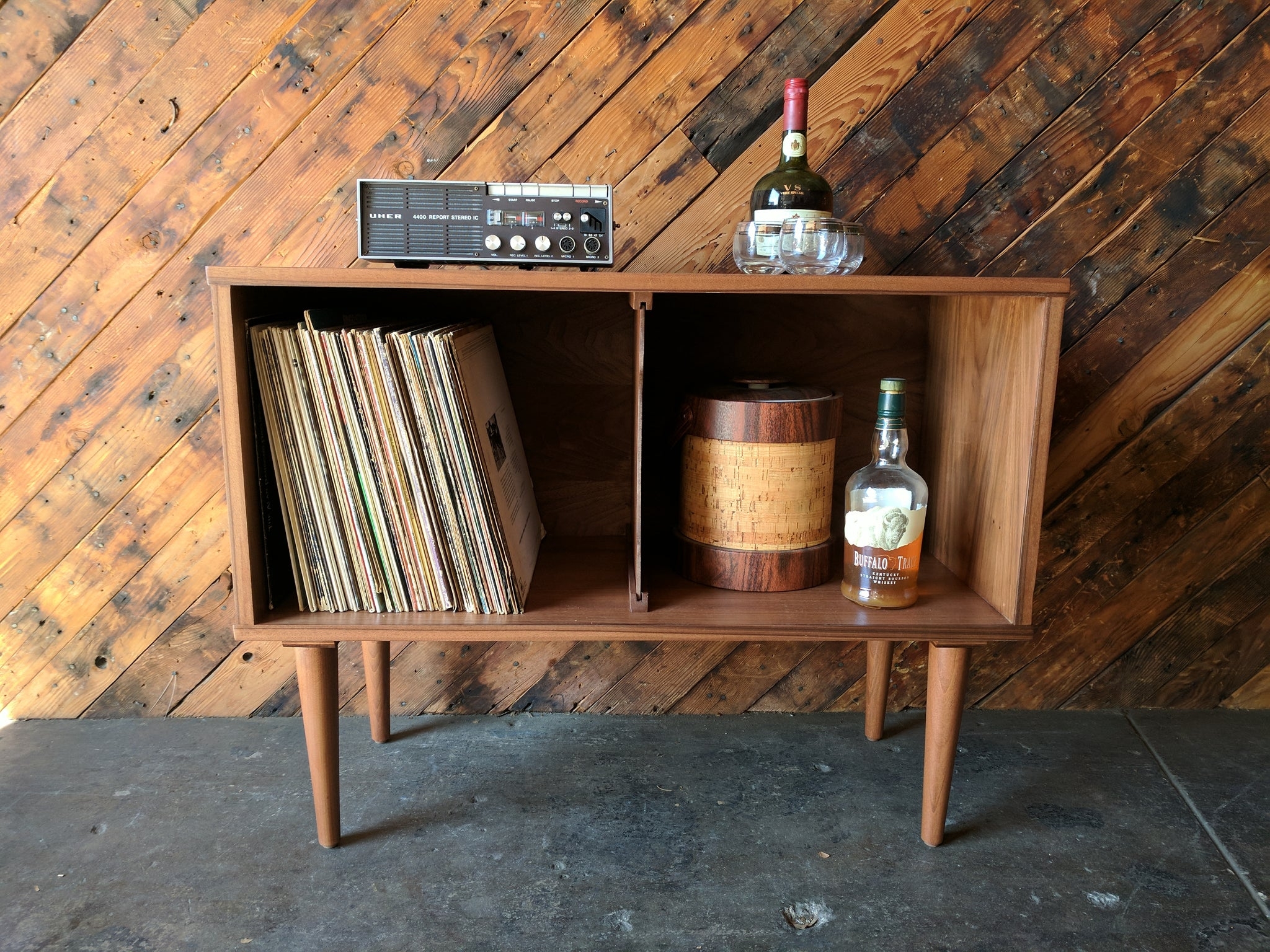 Record Cabinet: Two Bay Design Retro Wood Music Storage