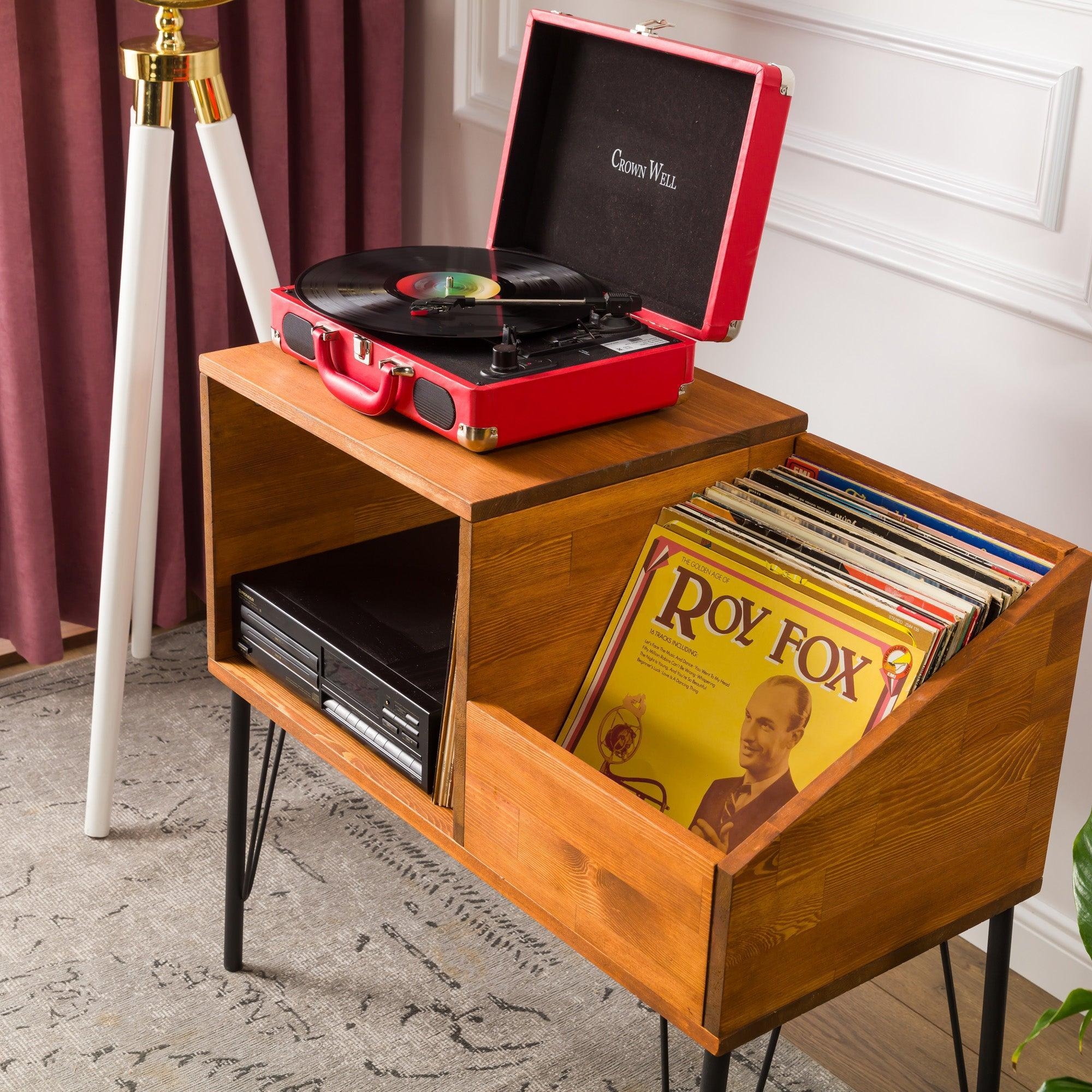 Record Player Cabinet Slanted Vinyl Bin Hairpin Leg Console
