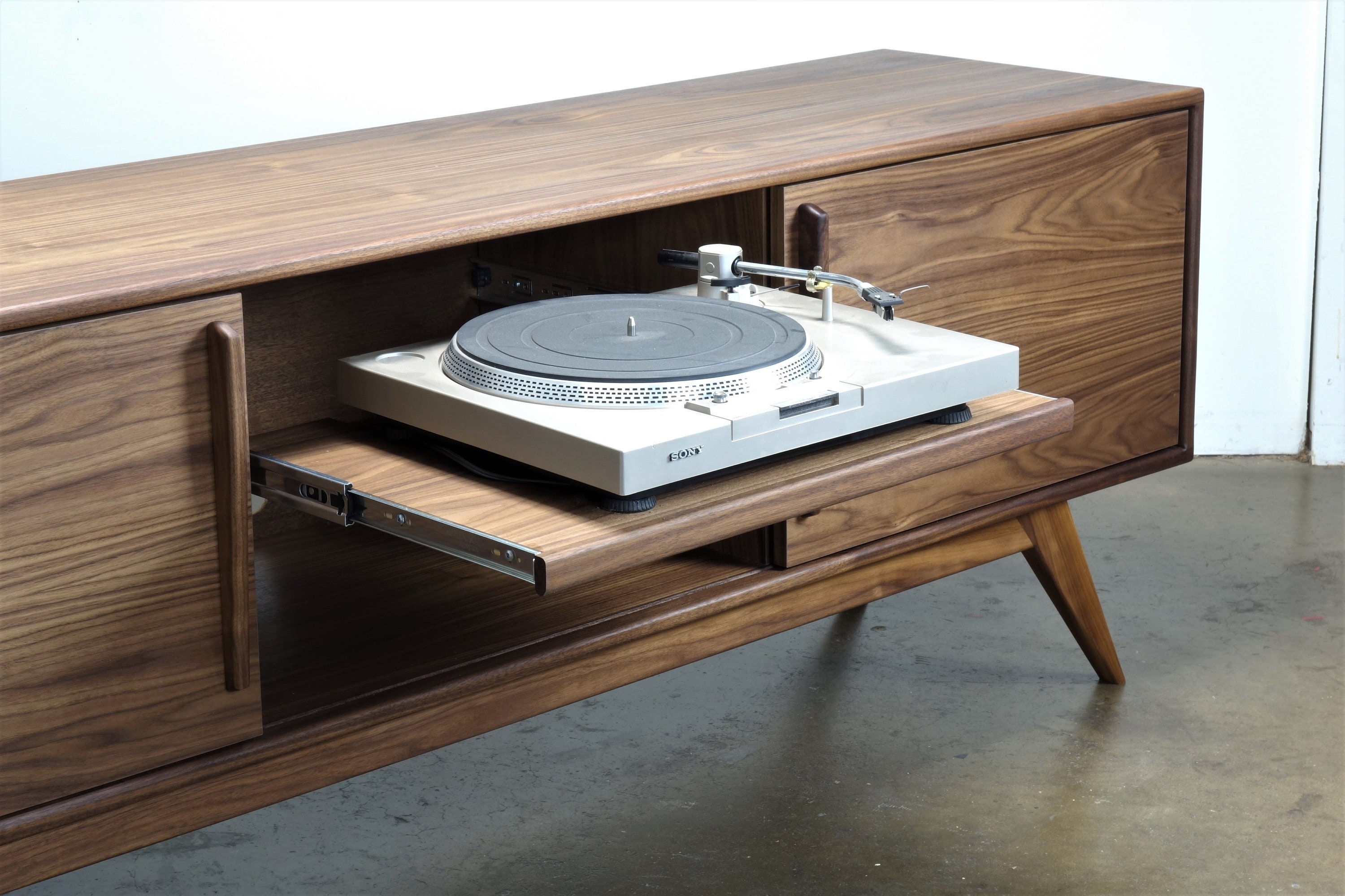 Record Player Console: Pull-out Shelf Media Cabinet in Walnut