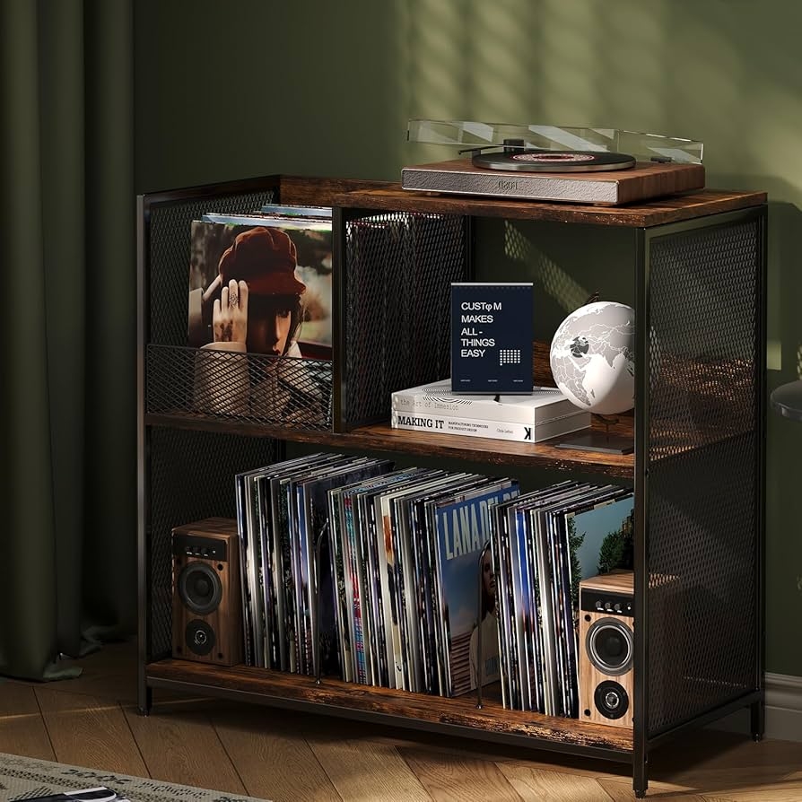 Record Player Stand 3-Tier Design and Mesh Side Panels