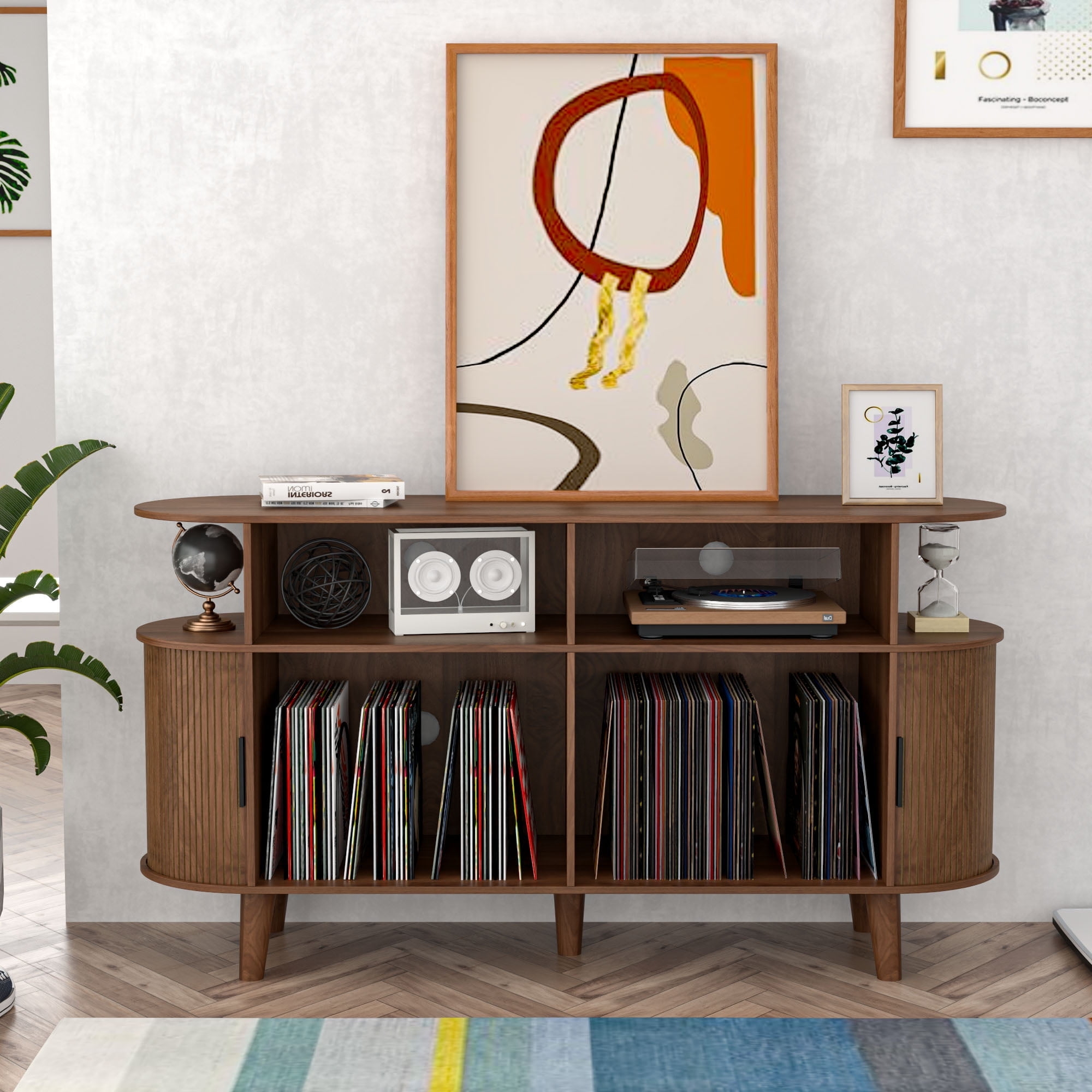 Record Player Stand Fluted Sliding Doors Oval Silhouette