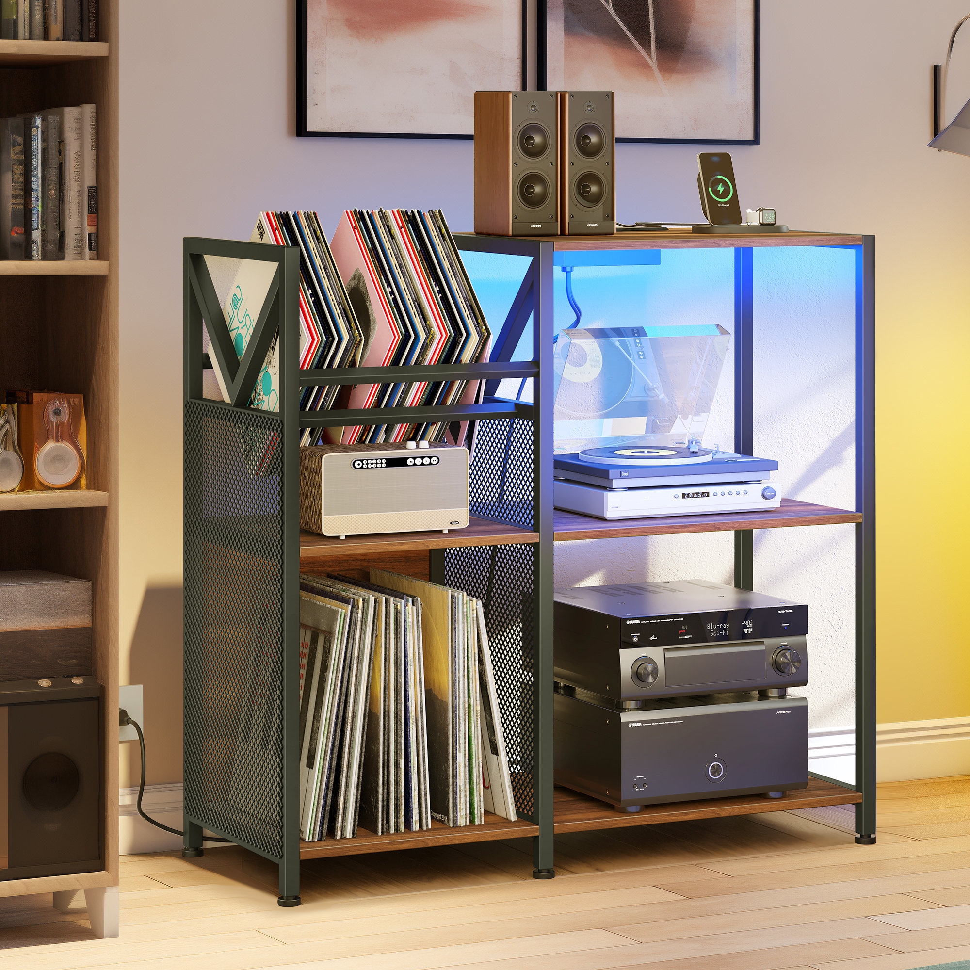 Record Player Stand LED Lighting Turntable Stand With Dividers