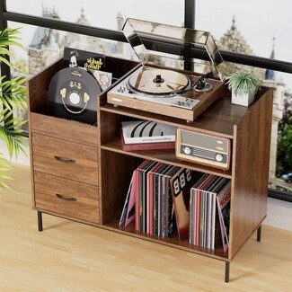 Record Player Stand: Vinyl Record Storage Cabinet Two Drawers