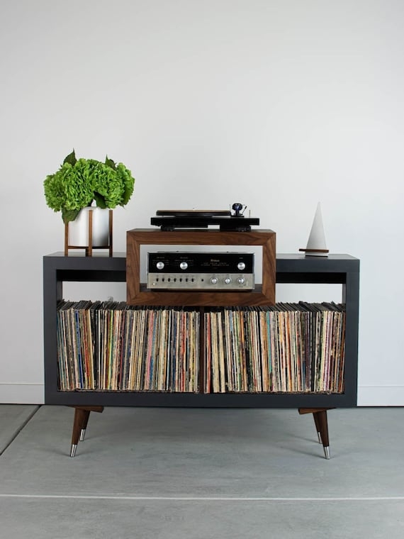 Record Player Stand Walnut Center Box Metal Capped Feet