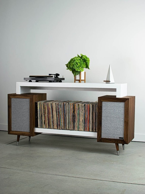Record Player Stand White Bridge Frame Integrated Speaker