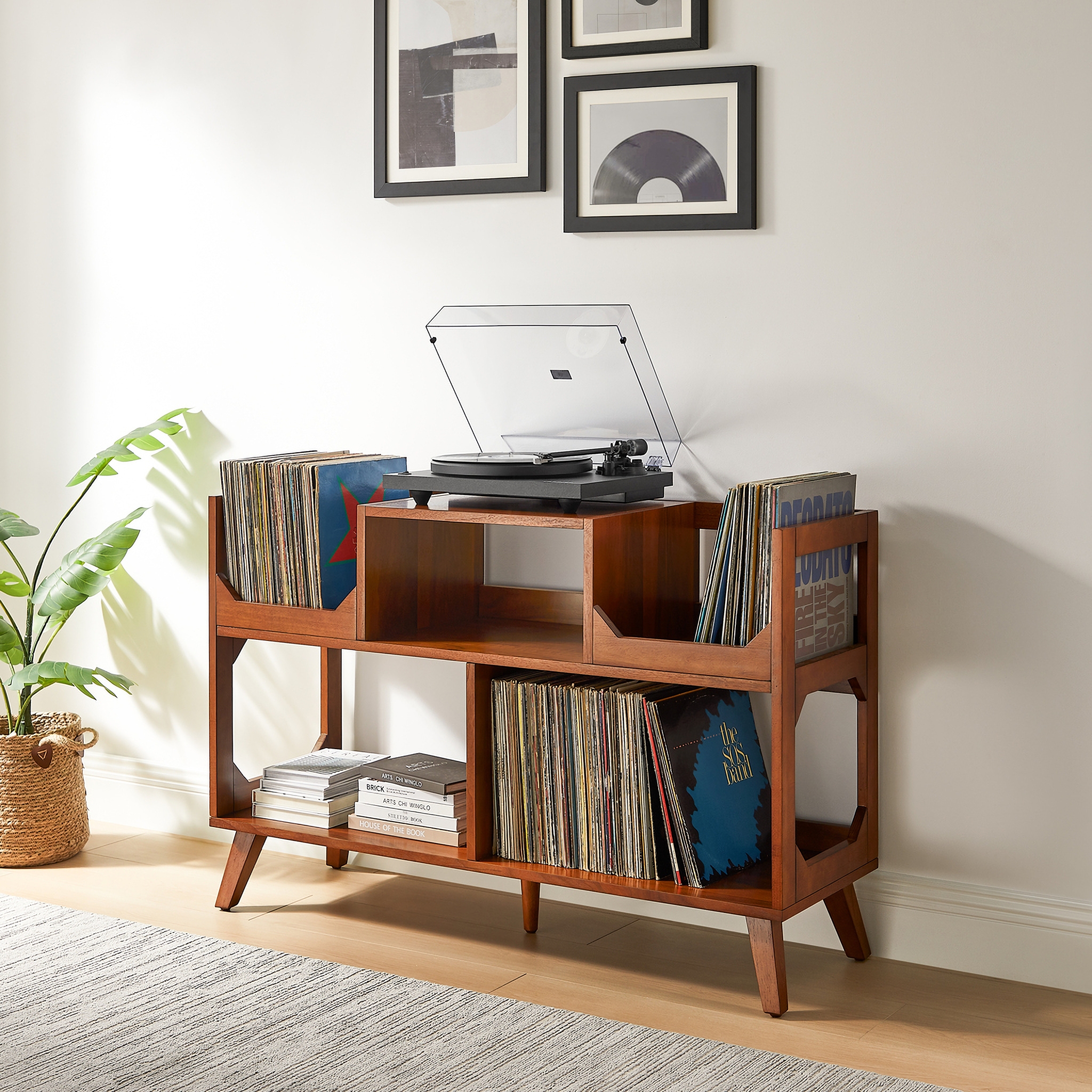 Record Storage Console Offset Compartments Tapered Legs