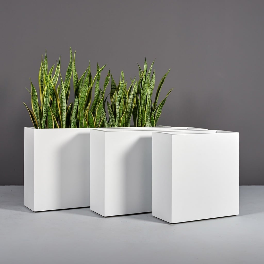 Rectangle Planter Narrow Profile Matte White Fiberglass Pot