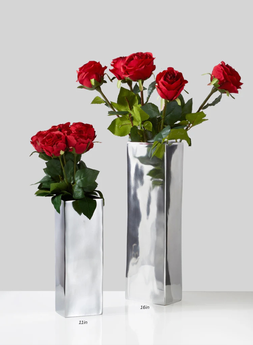 Rectangle Vase: Tall Polished Silver Geometric Pedestal Decor