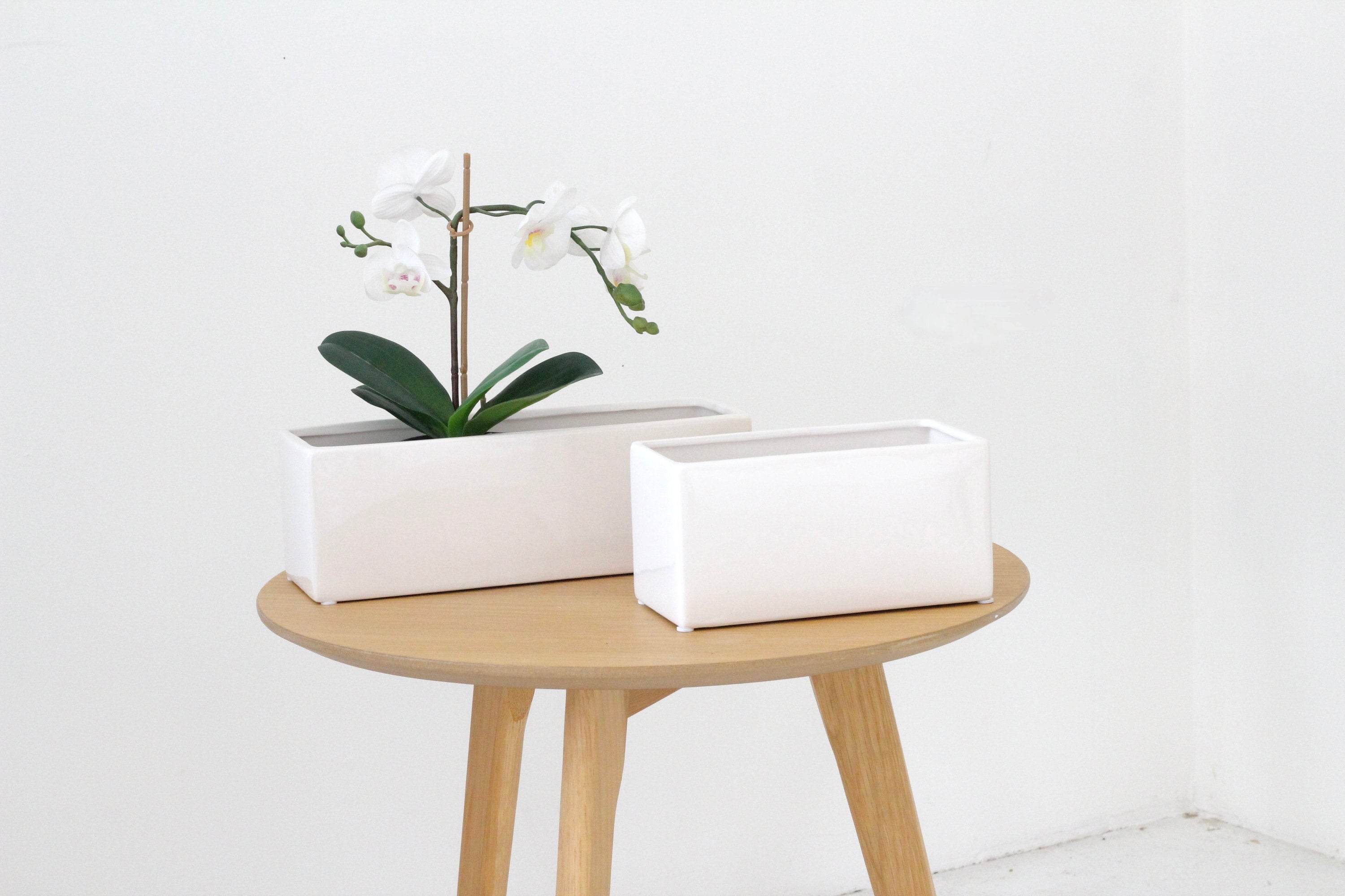 Rectangular Planter Glossy Ceramic Low Profile White Scandi