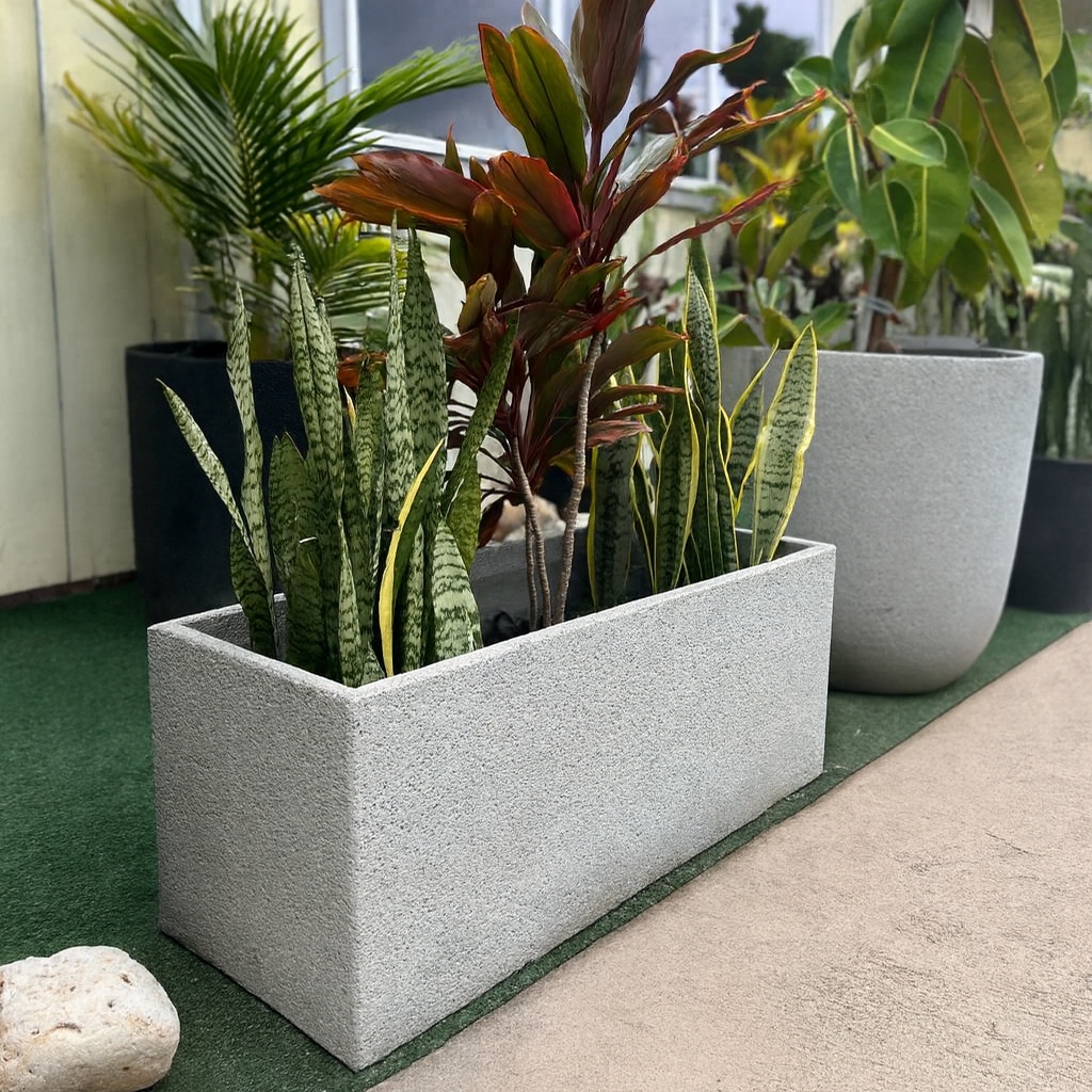 Rectangular Planter Stone Textured Light Grey Garden Trough