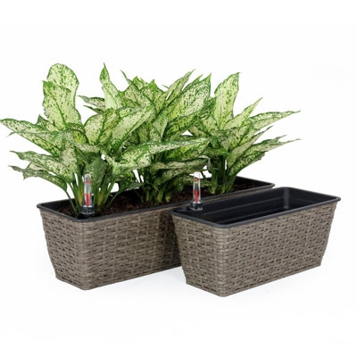 Rectangular Planter Woven Wicker Dark Gray Self Watering