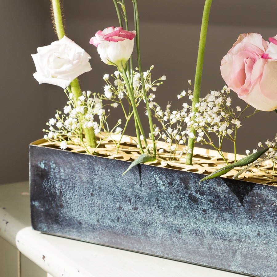 Rectangular Vase: Verdigris Finish Low Profile Flower Holder