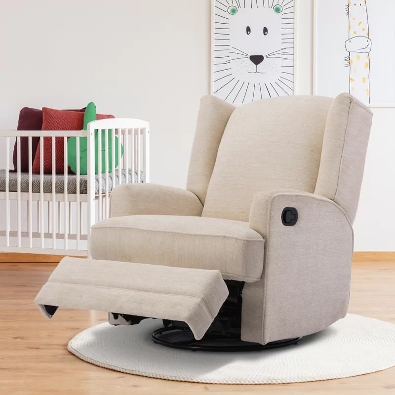 Rocker Recliner: Beige Chenille Wingback Swivel Base