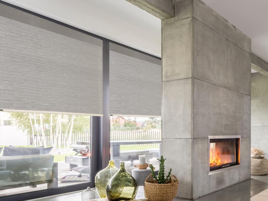 Roller Shades in Woven Fabric and Industrial Living Room Ideas