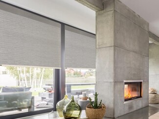 Roller Shades in Woven Fabric and Industrial Living Room Ideas