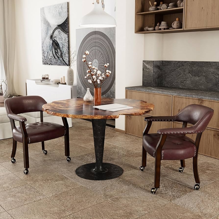 Rolling Dining Chair: Ball Castors with Live Edge Pedestal Table