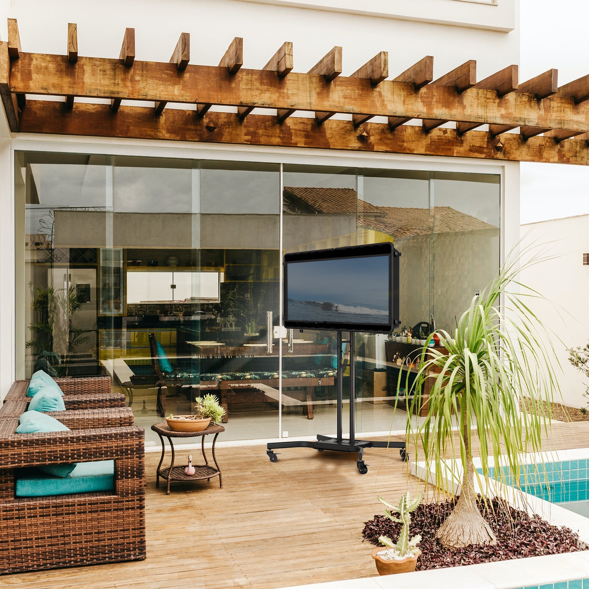 Rolling TV Cart with Weatherproof Casing for Pool Deck Media