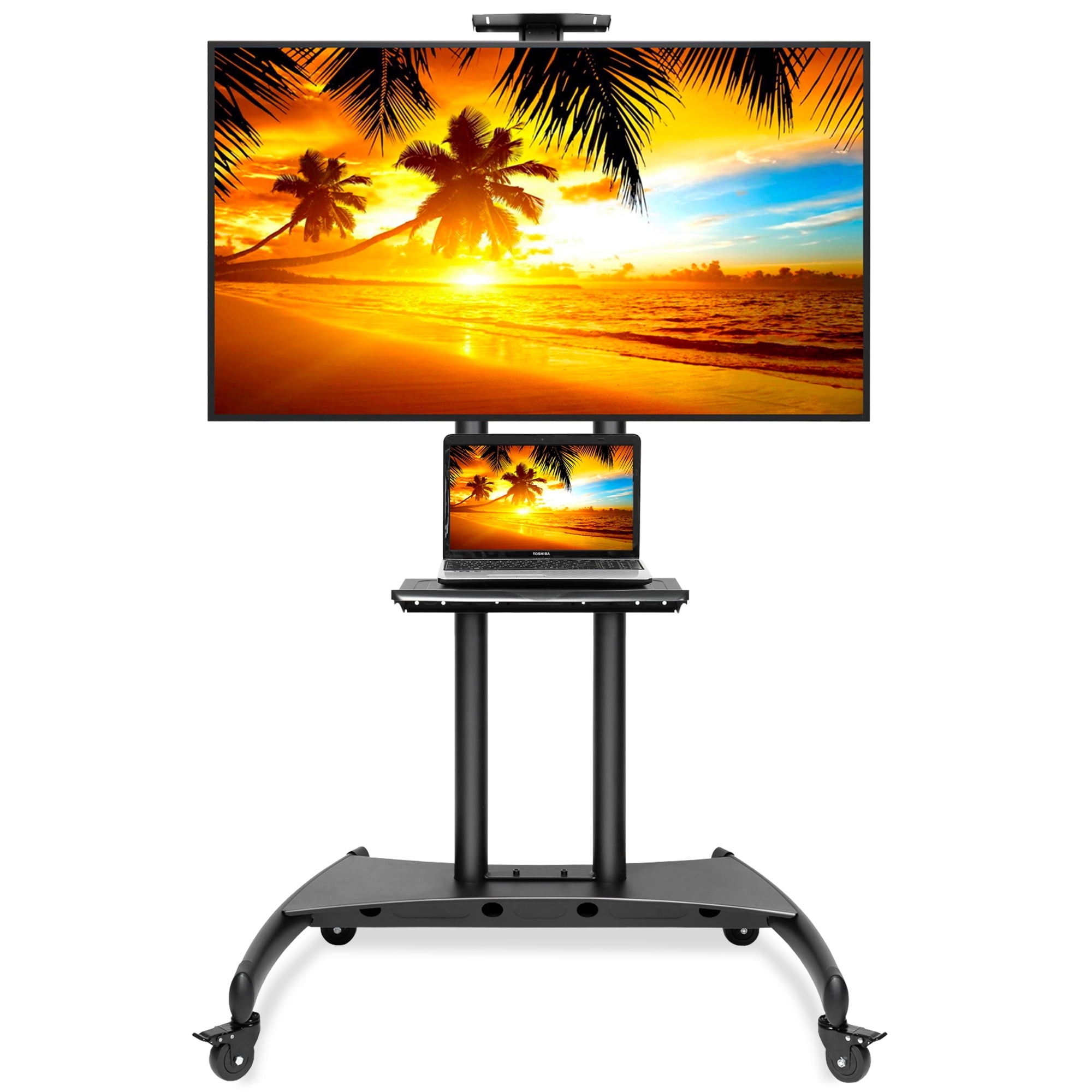 Rolling TV Stand Arched Base Dual Column Cart Shelf