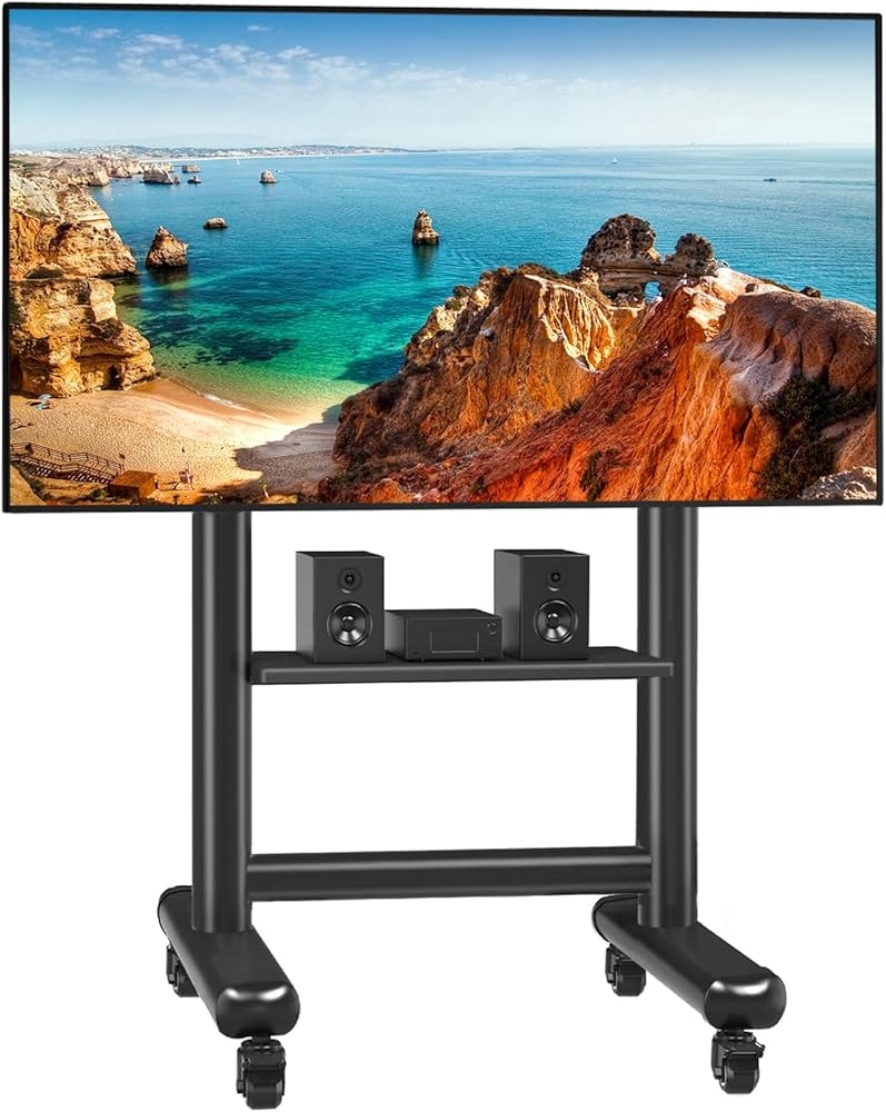 Rolling TV Stand Dual Pillar Stability Media Mount