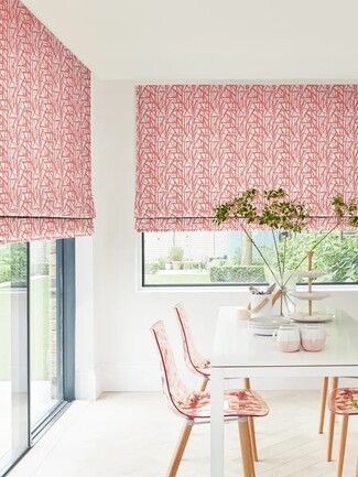 Roman Blinds with Coral Geometric Pattern and Coral Roman Blinds