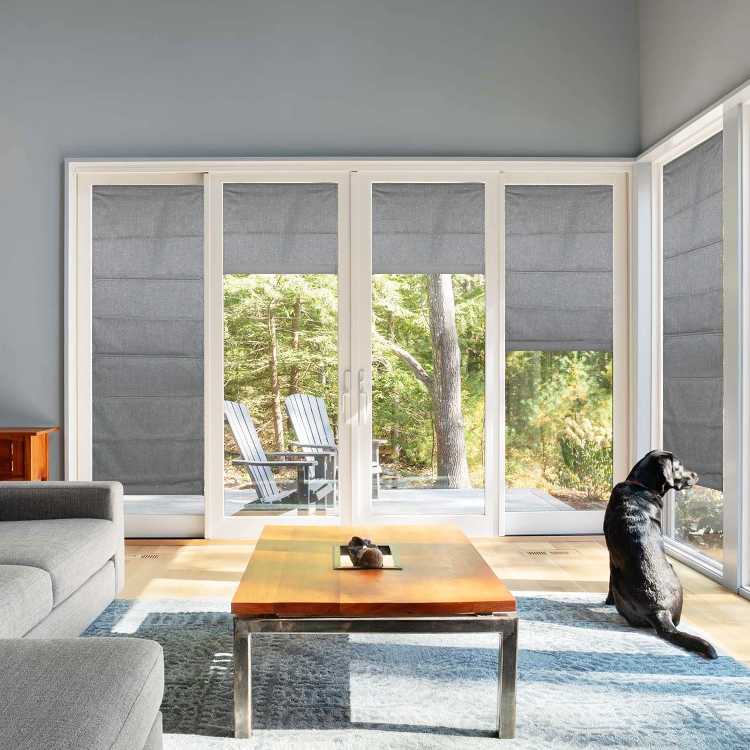 Roman Shades in Slate Gray with Slate Gray Fabric Blinds