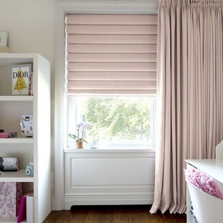 Roman Shades with Blush Pink Fabric and Blush Pink Roman Shades