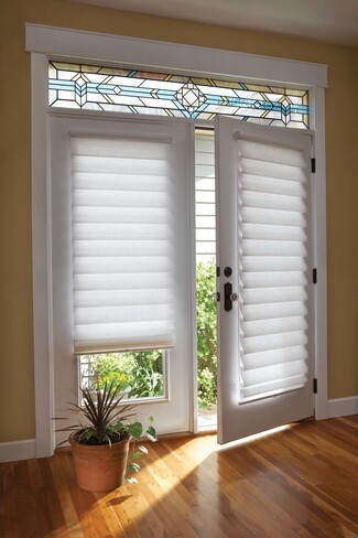 Roman Shades with Stained Glass Transom and French Door Roman Shades
